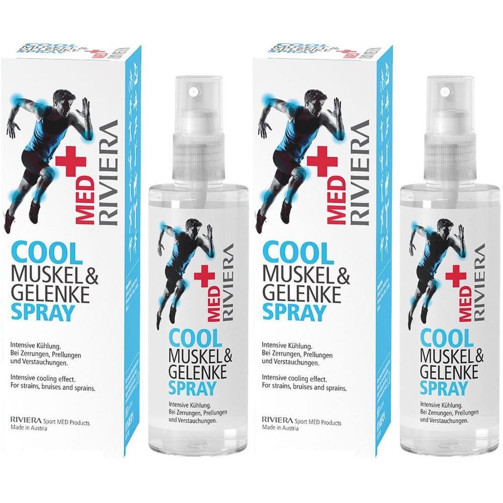 RIVIERA MED+ COOL Muskel & Gelenke Spray Flasche mit Sprühkopf und Kartonverpackung.