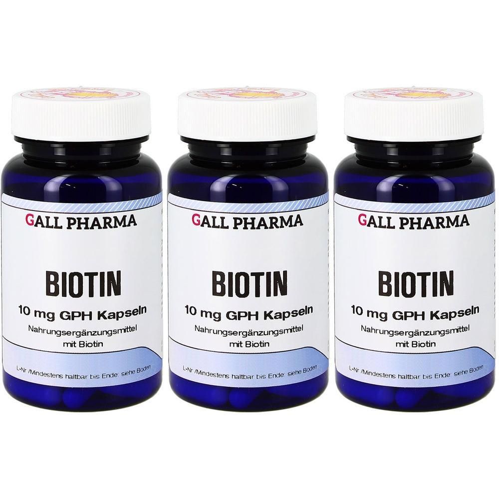 Drei Flaschen GALL PHARMA Biotin 10 mg GPH Kapseln, Nahrungsergänzungsmittel.