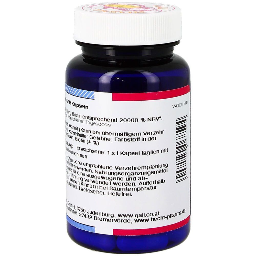 Eine Flasche GALL PHARMA Biotin 10 mg GPH Kapseln, Nahrungsergänzungsmittel mit detaillierten Anwendungshinweisen.
