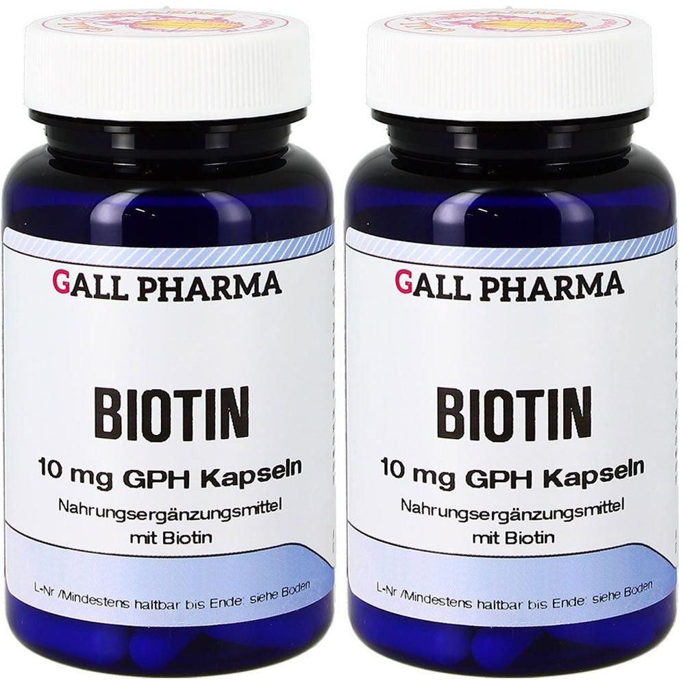 Zwei Flaschen GALL PHARMA Biotin 10 mg GPH Kapseln, Nahrungsergänzungsmittel.