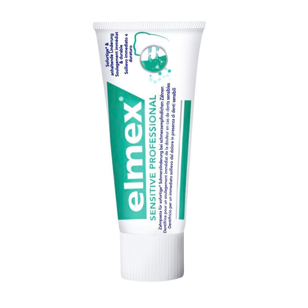 Tube Elmex Sensitive Professional Zahnpasta mit türkisfarbenem und weißem Design.