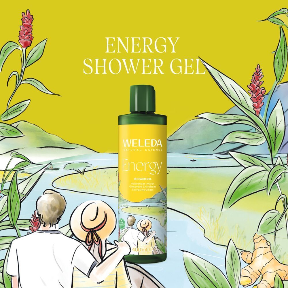 Weleda Aroma Duschgel Energy in einer Landschaft mit Fluss und Personen. Umrahmt von Pflanzen und Ingwerwurzeln.