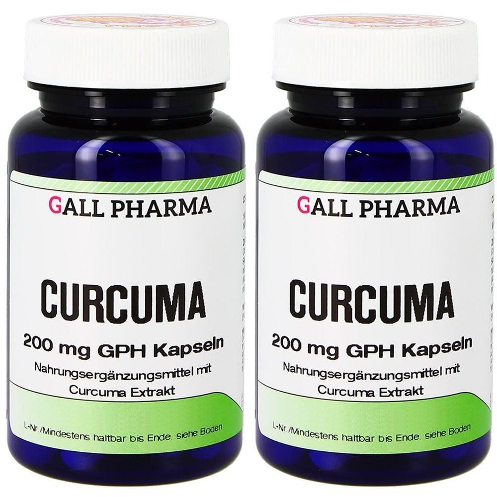 Zwei Flaschen Gall Pharma Curcuma 200 mg GPH Kapseln, Nahrungsergänzungsmittel mit Curcuma Extrakt.