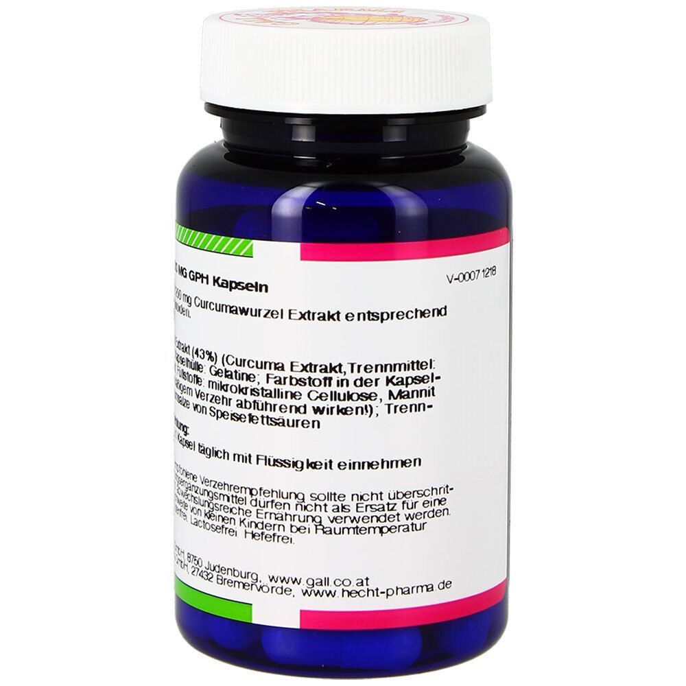 Eine Flasche Gall Pharma Curcuma 200 mg GPH Kapseln, Nahrungsergänzungsmittel mit Curcuma Extrakt.