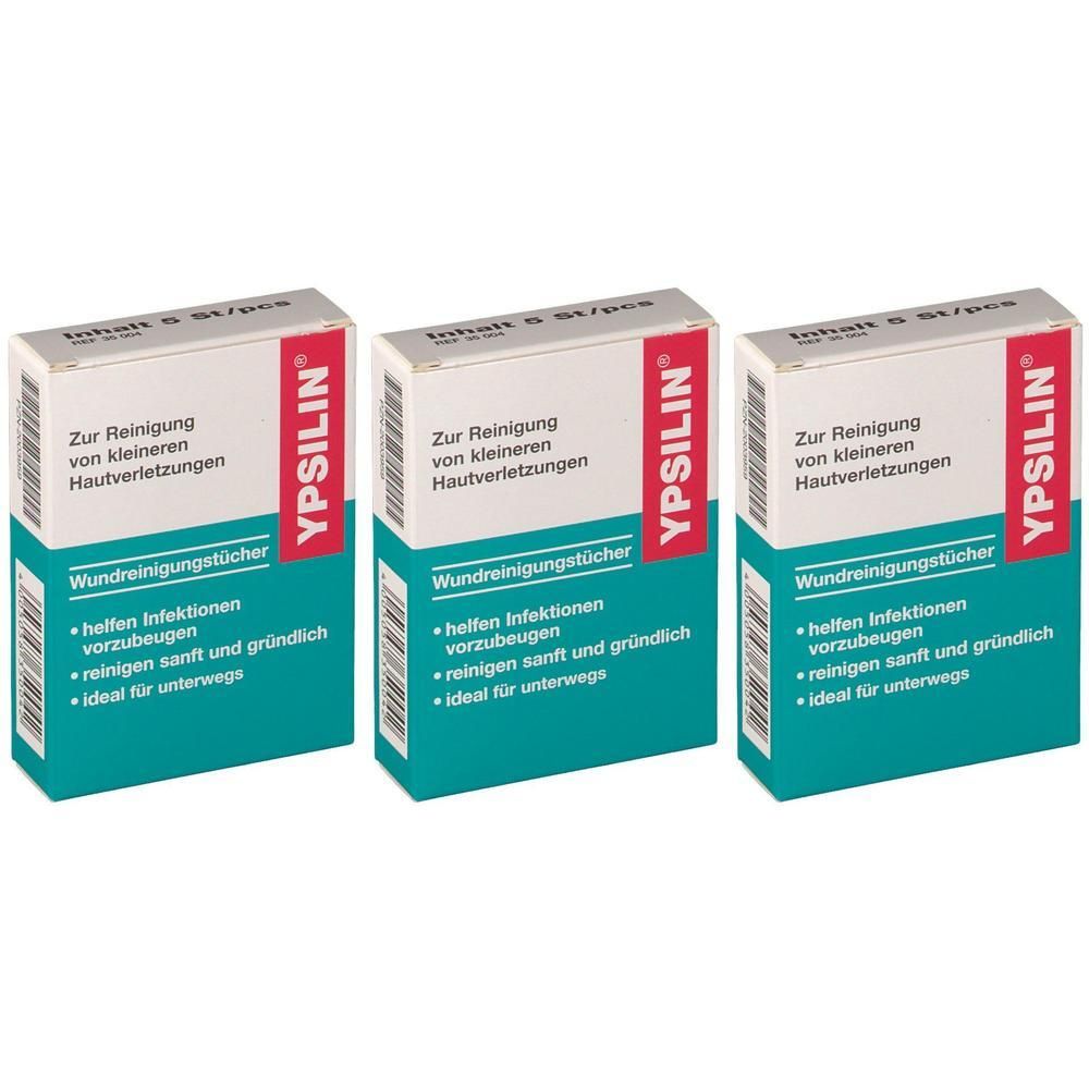 Drei Packungen YPSILIN Wundreinigungstücher, je 5 Stück. Zur Reinigung von Hautverletzungen.