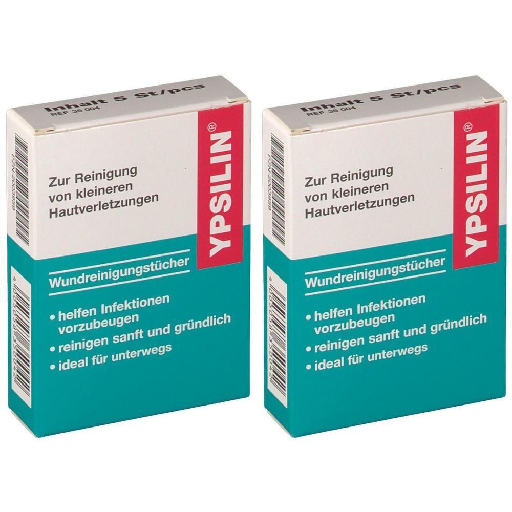 Zwei Packungen YPSILIN Wundreinigungstücher, je 5 Stück. Zur Reinigung von Hautverletzungen.