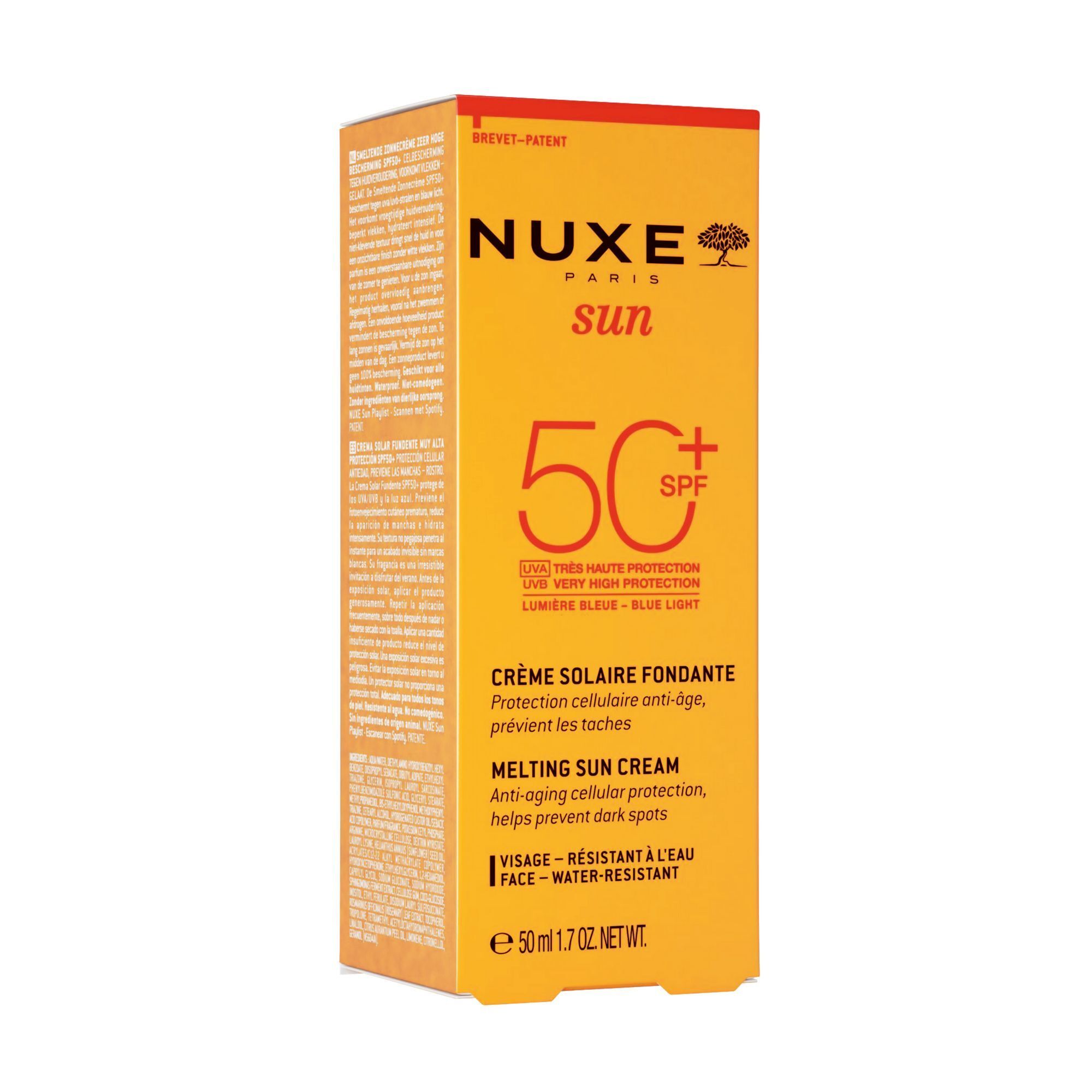 Verpackung Nuxe Sun Sonnencreme Gesicht LSF 50, 50ml.