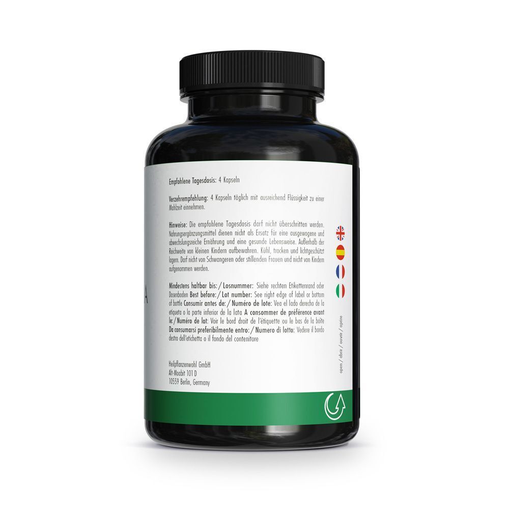 Rückseite eines schwarzen Behälters mit Chlorella-Kapseln, mit Hinweisen und mehrsprachigen Länderflaggen.