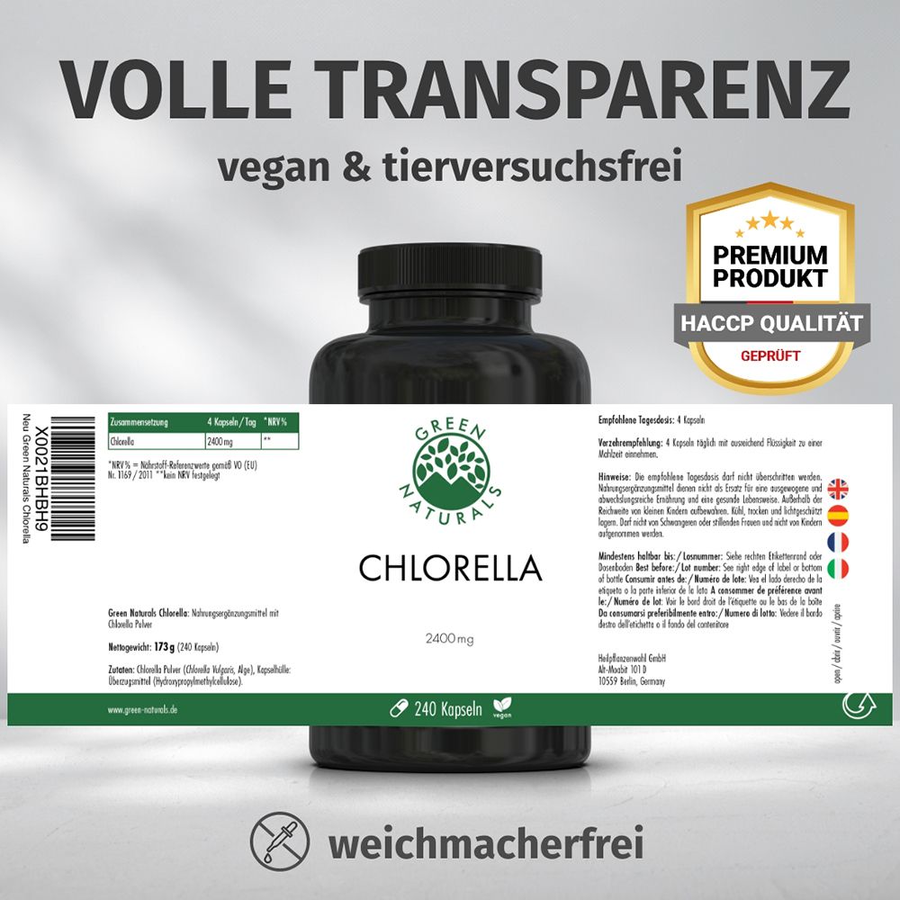 Flasche GREEN NATURALS Chlorella, Etikett mit 'Volle Transparenz', 'Premium Produkt', 'HACCP Qualität'.