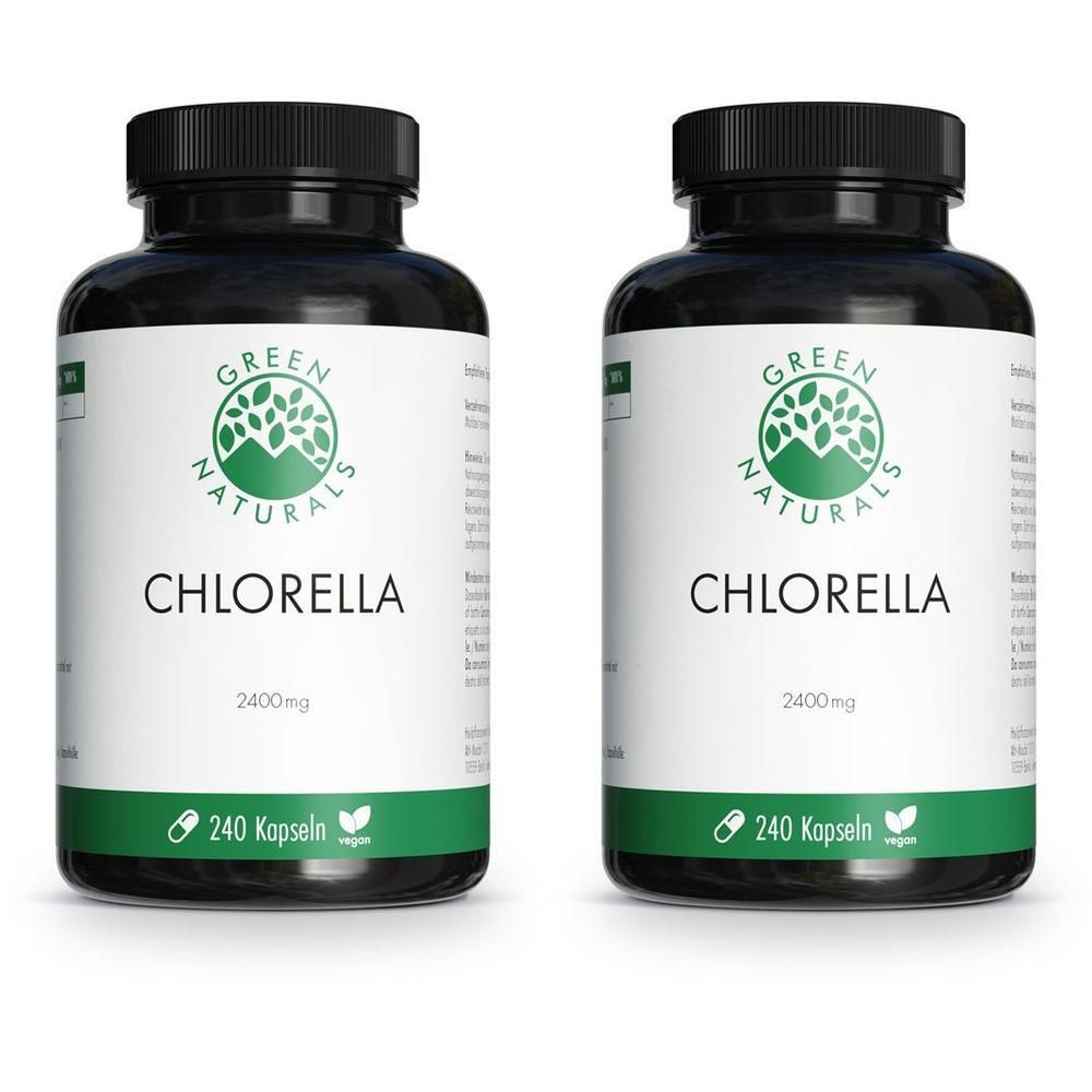 Zwei Flaschen GREEN NATURALS Chlorella Kapseln, 240 Kapseln pro Flasche, 2400mg.
