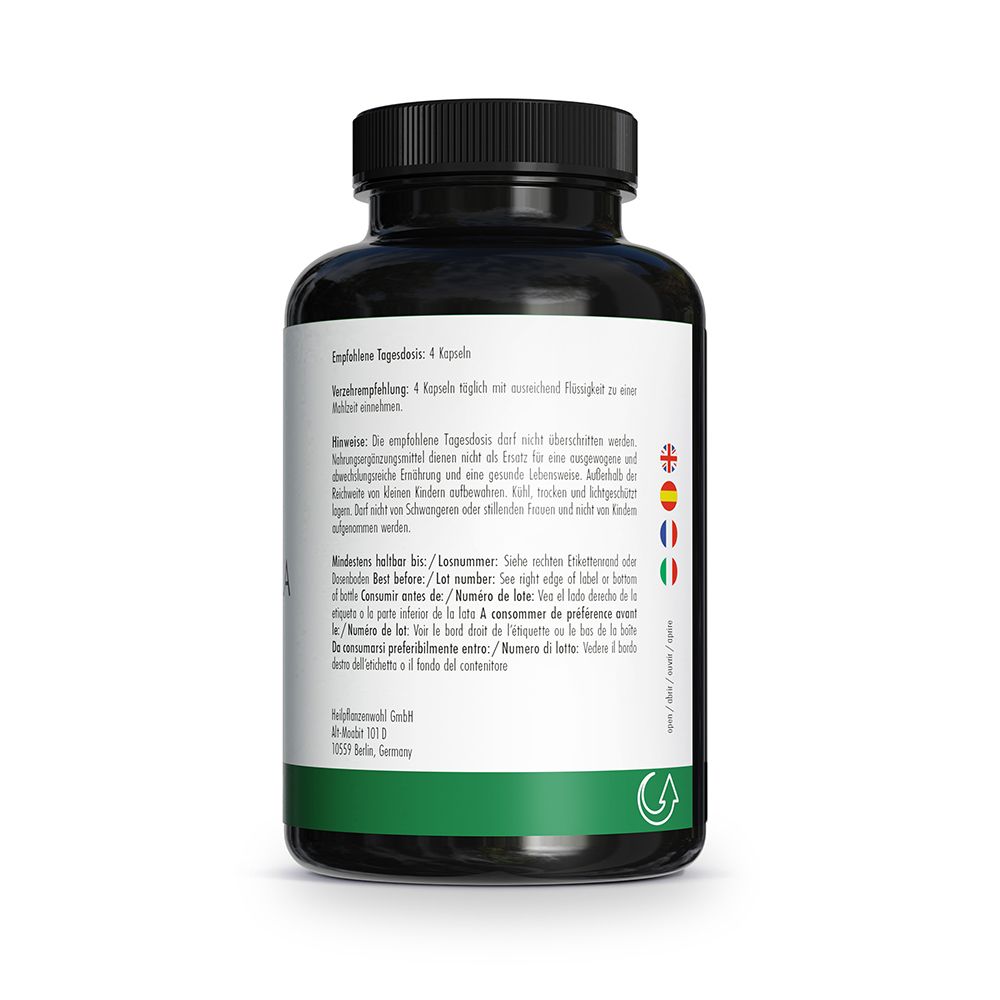 Rückseite einer GREEN NATURALS® Chlorella Flasche mit Einnahmeempfehlung und Warnhinweisen.