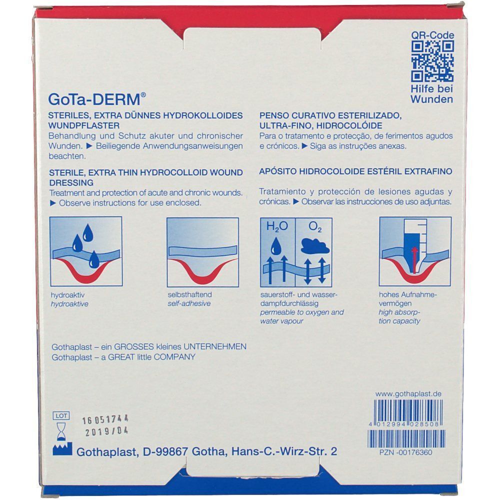 Rückseite einer Packung GoTa-DERM® Pflaster mit Anwendungshinweisen und Produktinformationen.