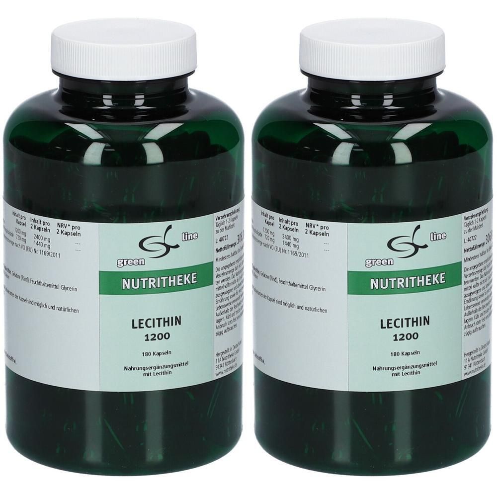 Zwei grüne Flaschen mit Lecithin 1200 Kapseln. Weiße Schraubverschlüsse. Etiketten mit Produktinformationen.