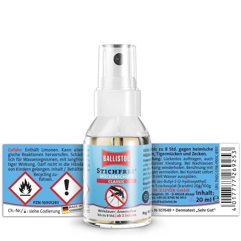 Eine BALLISTOL Stichfrei Classic Pumpsprayflasche mit Etikett und Warnhinweisen.