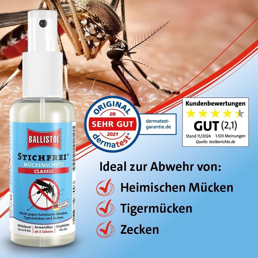 Eine BALLISTOL Stichfrei Classic Pumpsprayflasche vor einem Moskitomotiv.