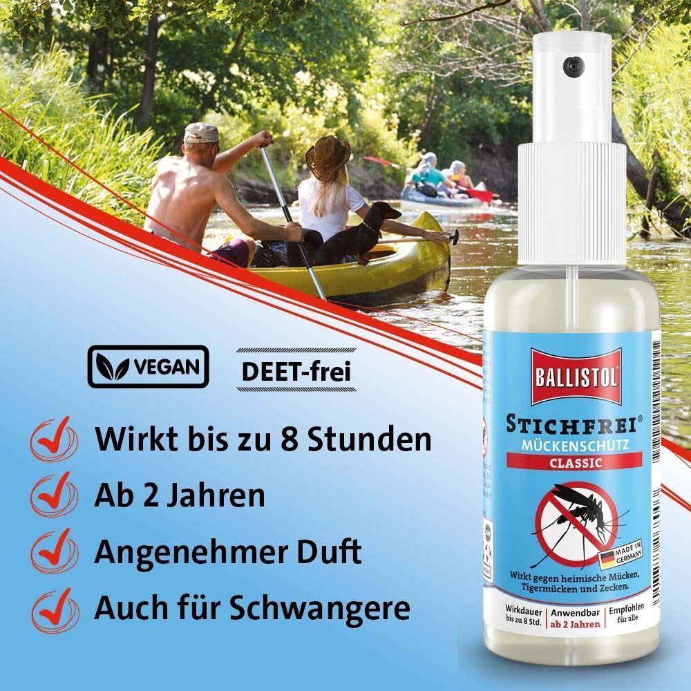 Eine BALLISTOL Stichfrei Classic Pumpsprayflasche in einer Outdoor-Szene am Wasser.