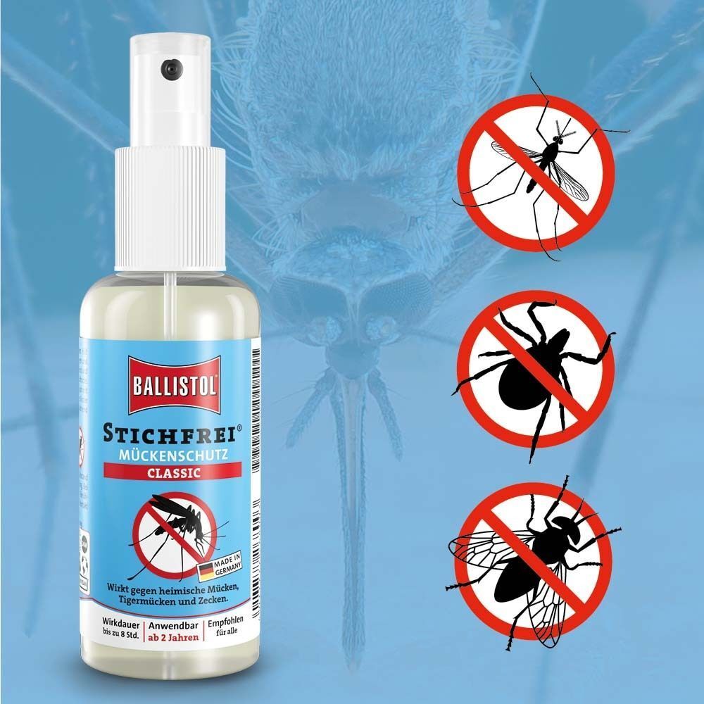 Eine BALLISTOL Stichfrei Classic Pumpsprayflasche mit Symbolen für Mücken, Zecken und Fliegen.