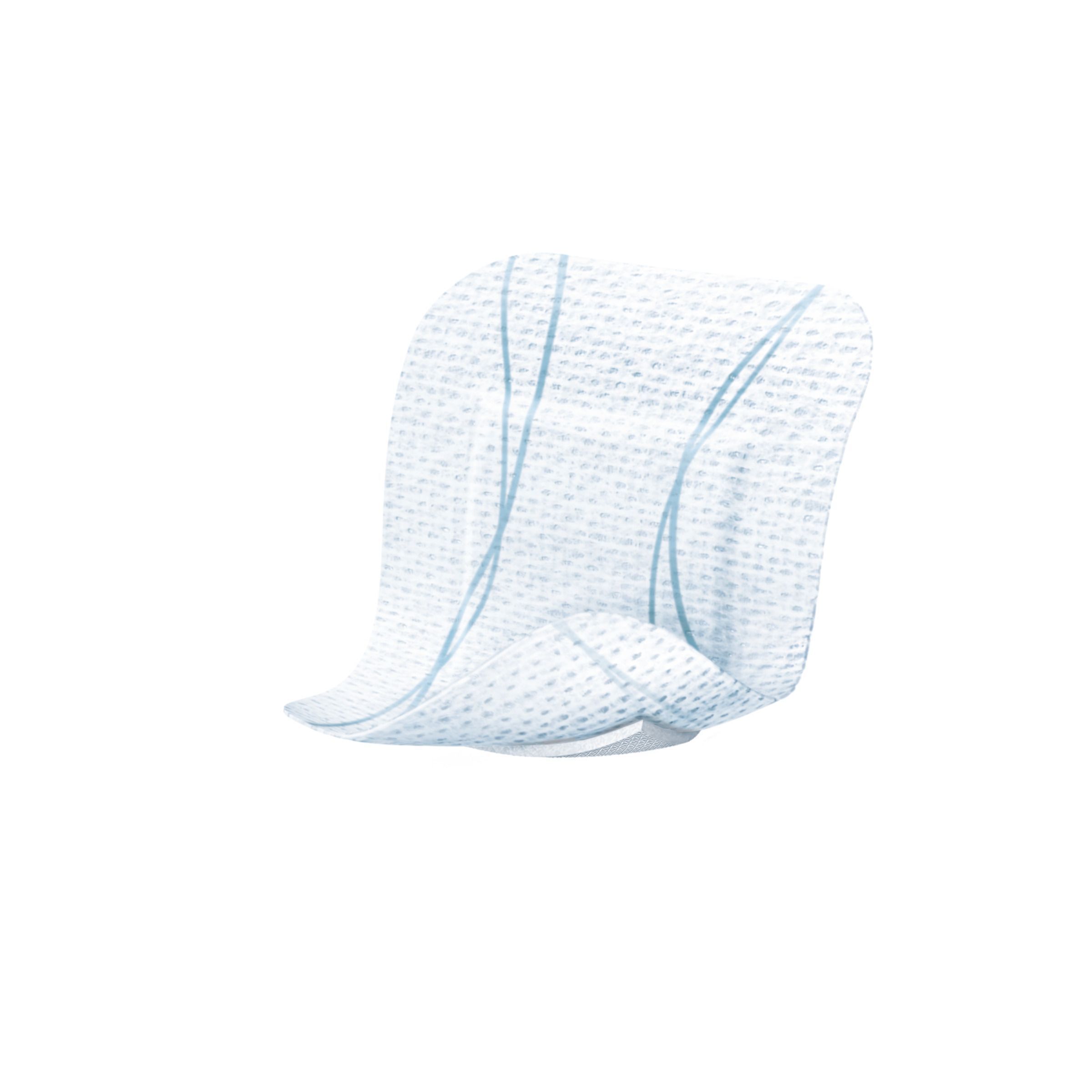 Ein einzelnes Leukomed skin sensitive Wundpflaster, weiß mit blauen Linien.