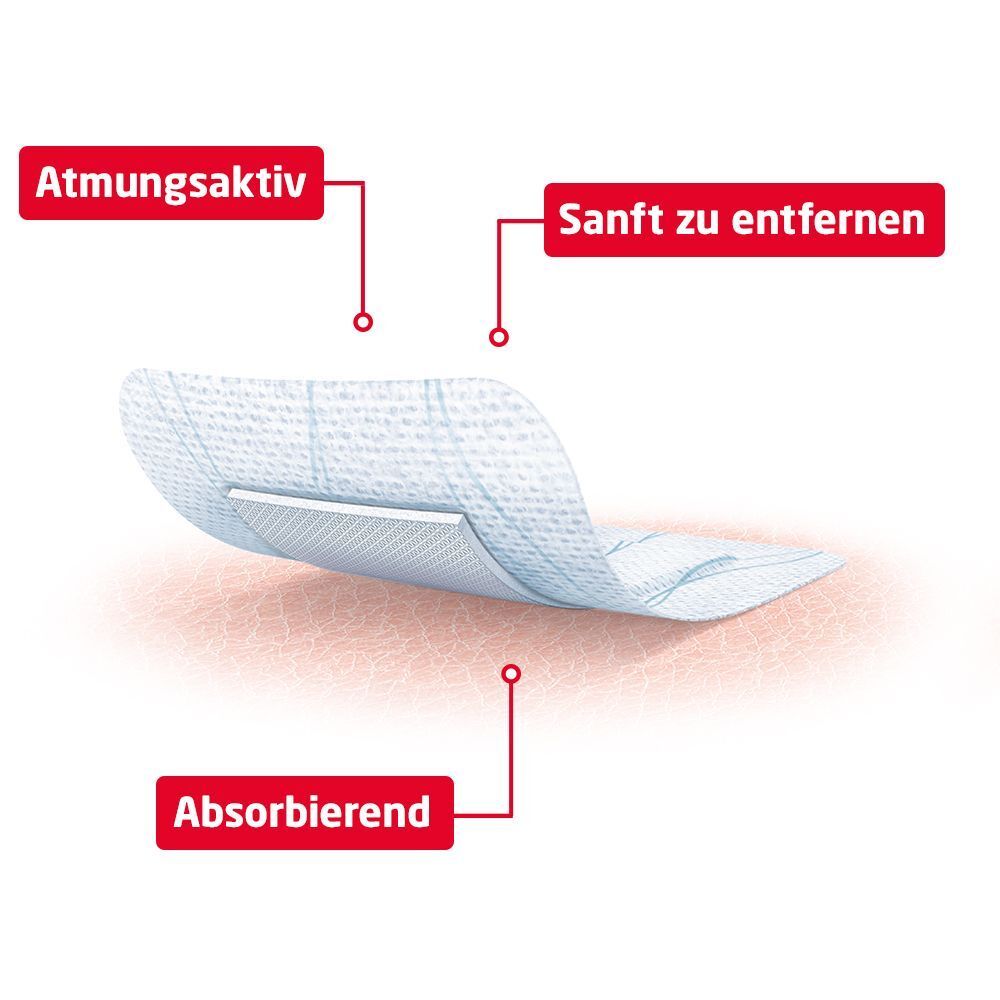 Leukomed skin sensitive Pflaster: atmungsaktiv, sanft zu entfernen, absorbierend.