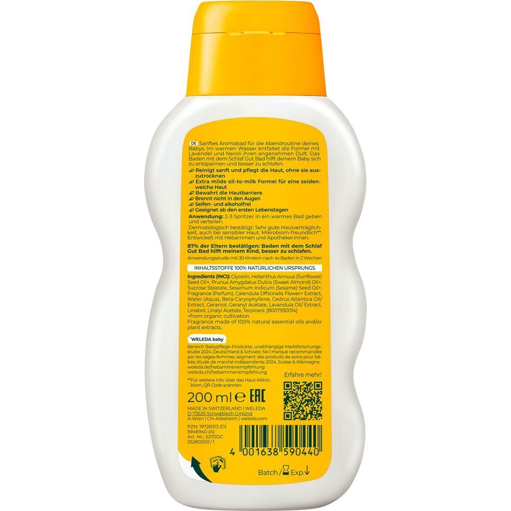 Rückseite einer Flasche Weleda Baby Calendula Schlaf Gut Bad mit Inhaltsstoffen und Anwendungshinweisen.