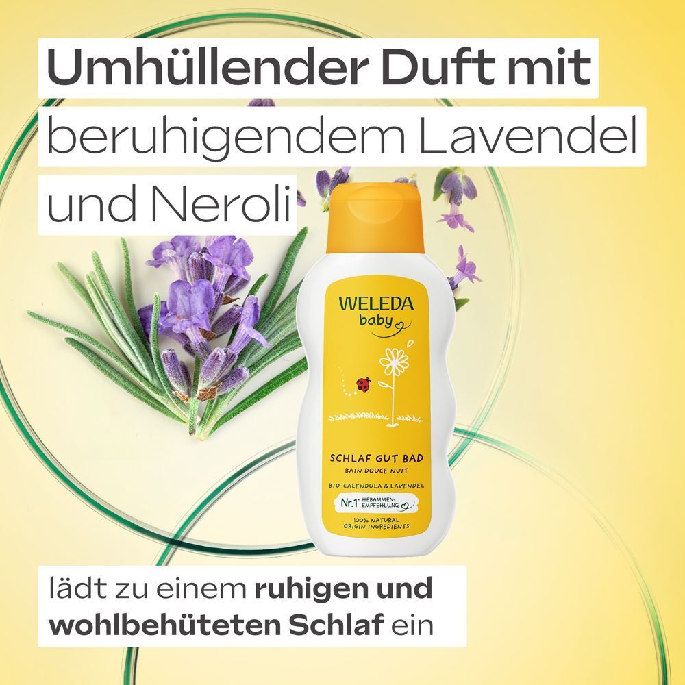 Flasche Weleda Baby Calendula Schlaf Gut Bad mit Lavendel und Neroli. Lädt zu einem ruhigen Schlaf ein.