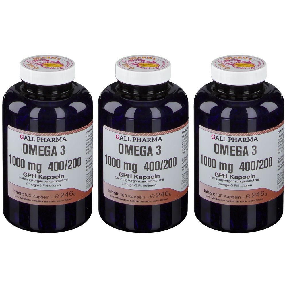 Drei dunkle Flaschen GALL PHARMA Omega 3 1000 mg GPH Kapseln, jede enthält 180 Kapseln.