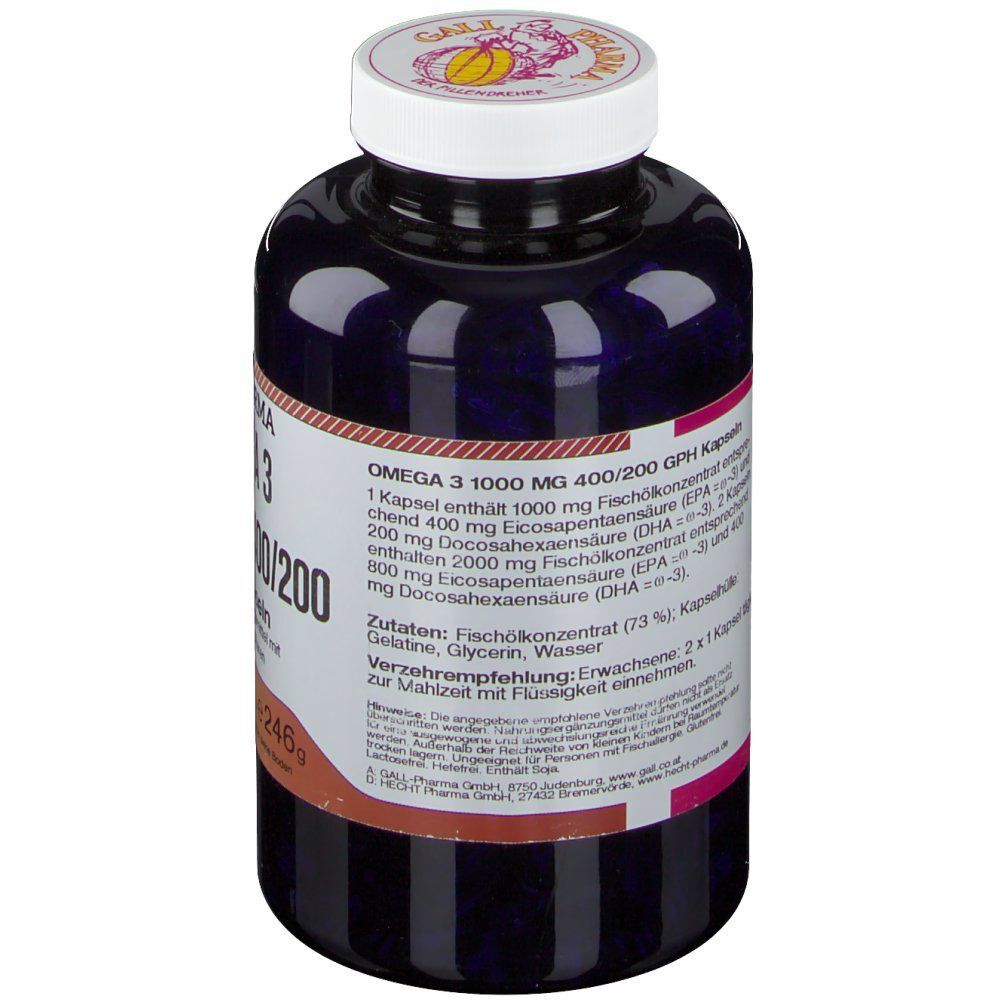 Eine dunkle Flasche GALL PHARMA Omega 3 1000 mg GPH Kapseln mit detaillierter Etikettierung.