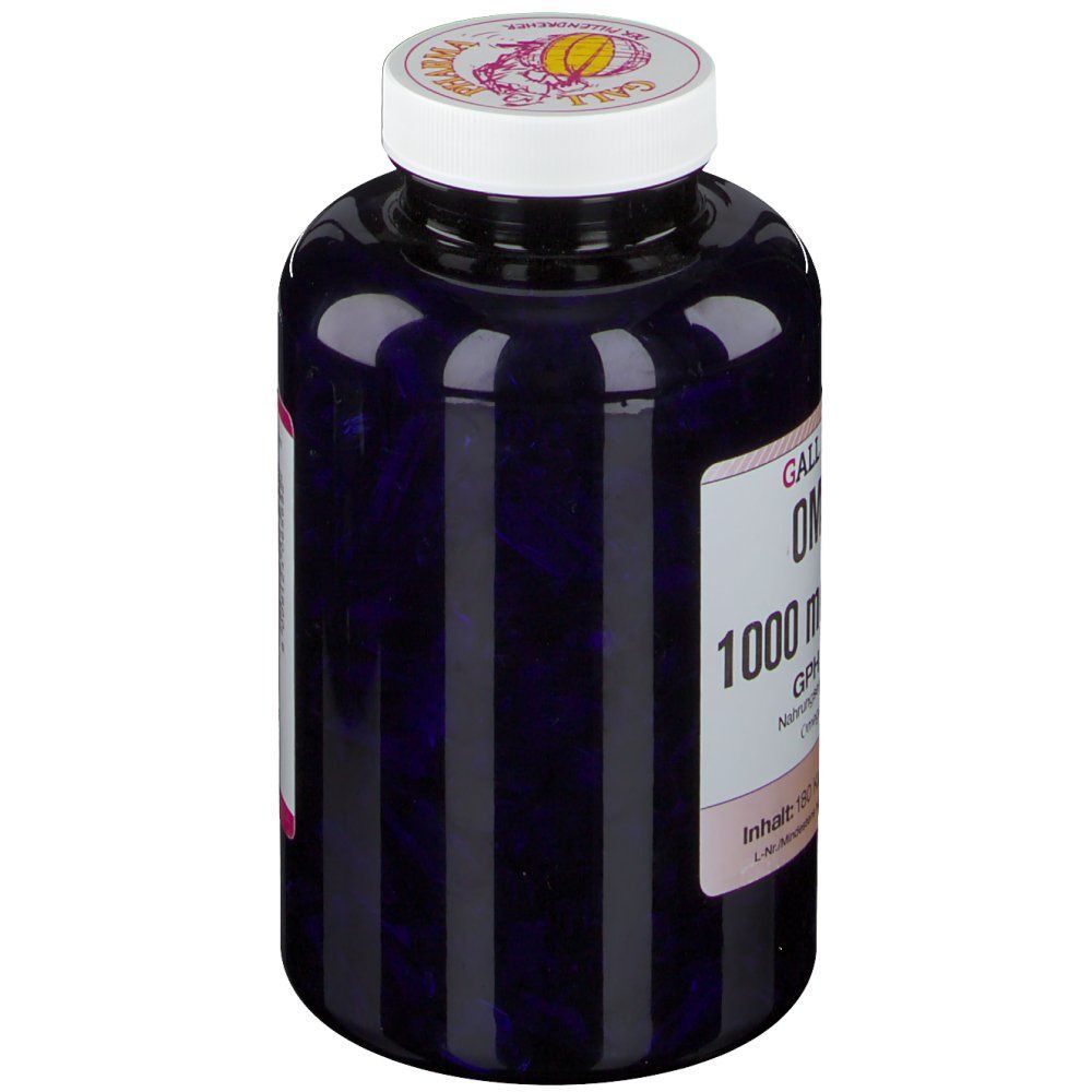 Eine dunkle Flasche GALL PHARMA Omega 3 1000 mg GPH Kapseln, Seitenansicht.