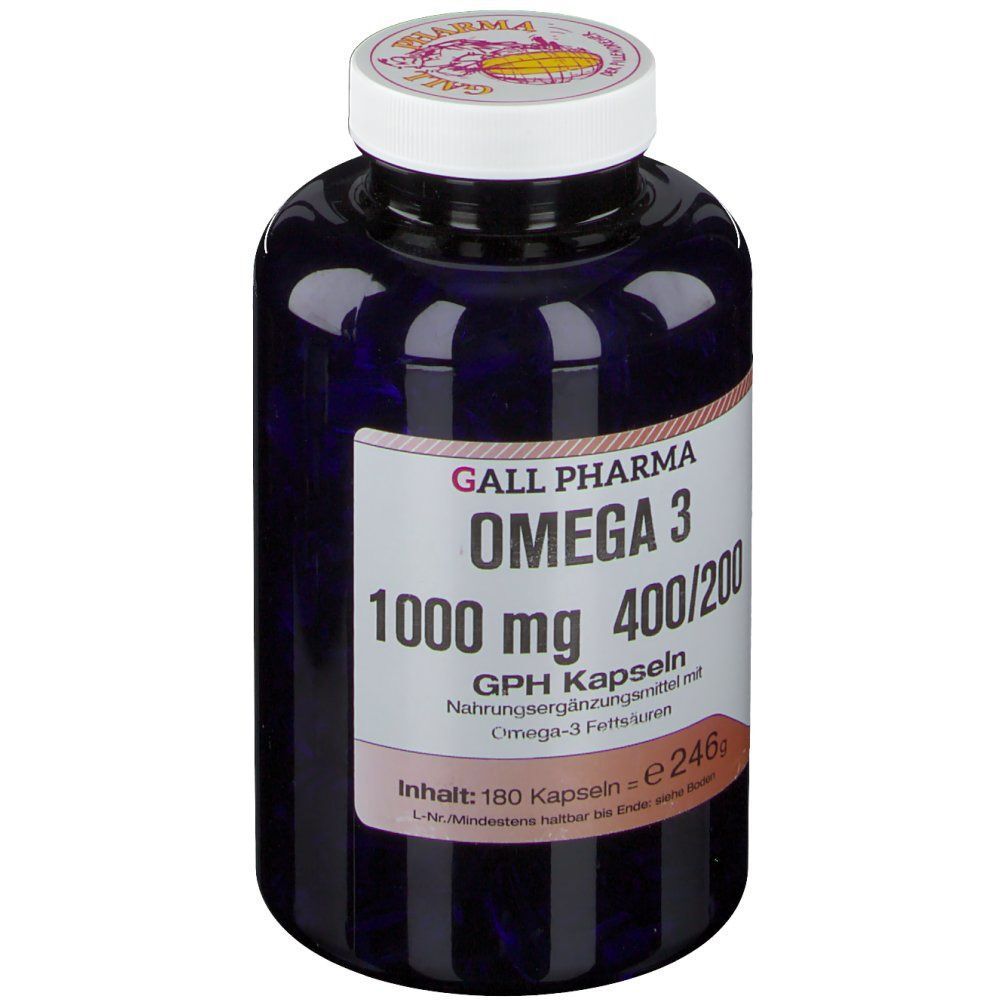 Eine dunkle Flasche GALL PHARMA Omega 3 1000 mg GPH Kapseln, Vorderansicht mit Etikett.
