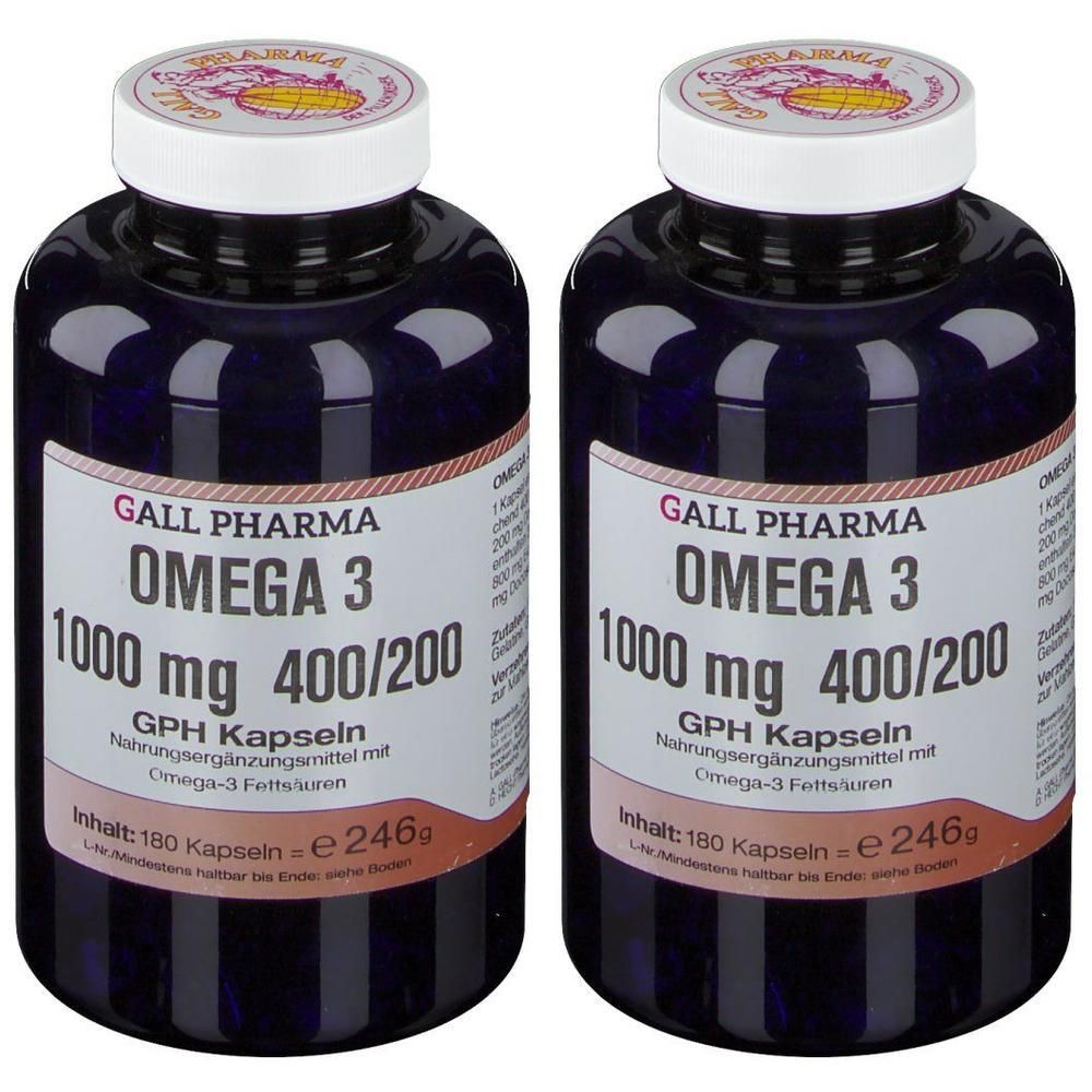 Zwei dunkelblaue Behälter mit GALL PHARMA Omega 3 1000 mg Kapseln. Jede Flasche enthält 180 Kapseln.