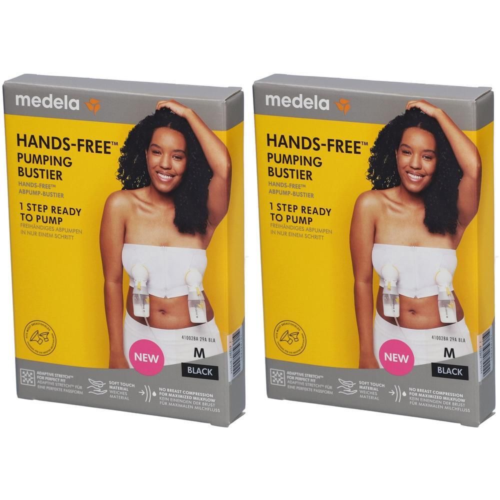 Medela Hands-Free Pumping Bustier, schwarz, Größe M. Zwei Packungen mit Produktabbildung und Beschreibung.