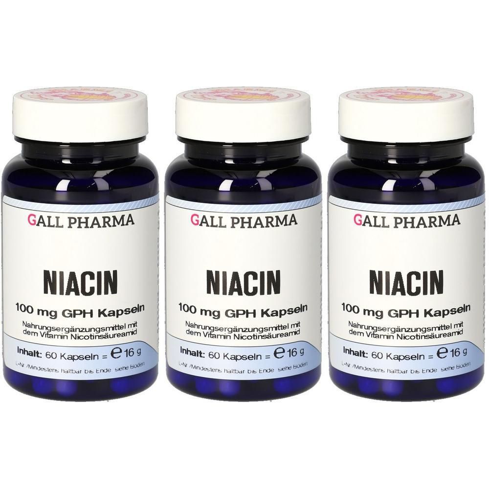 Drei Flaschen Niacin 100 mg GPH Kapseln von Gall Pharma. Dunkelblaue Behälter mit weißen Etiketten und Kappen.