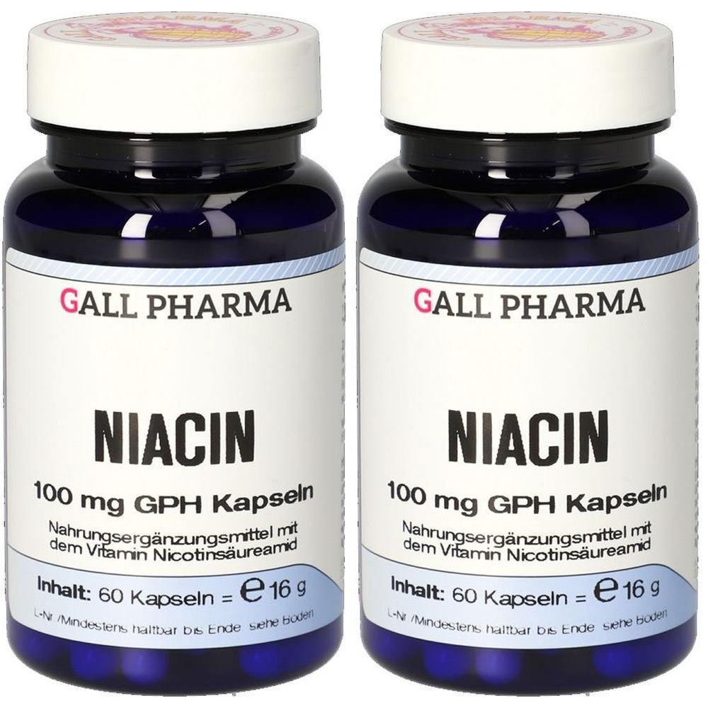 Zwei Flaschen Niacin 100 mg GPH Kapseln, Nahrungsergänzungsmittel.