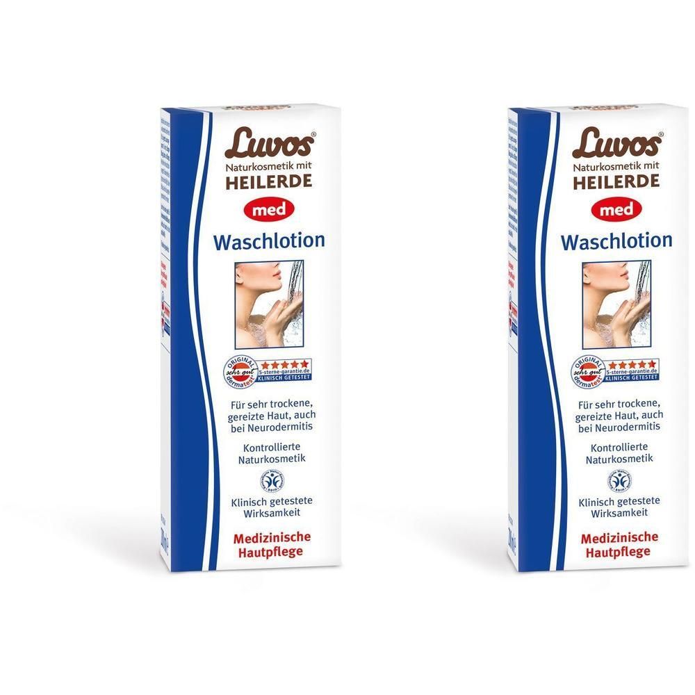 Zwei Packungen Luvos-Heilerde MED Waschloion nebeneinander.