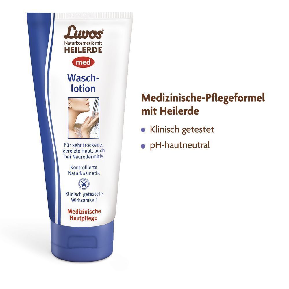 Rückseite der Luvos-Heilerde MED Waschloion Packung mit Inhaltsstoffen.