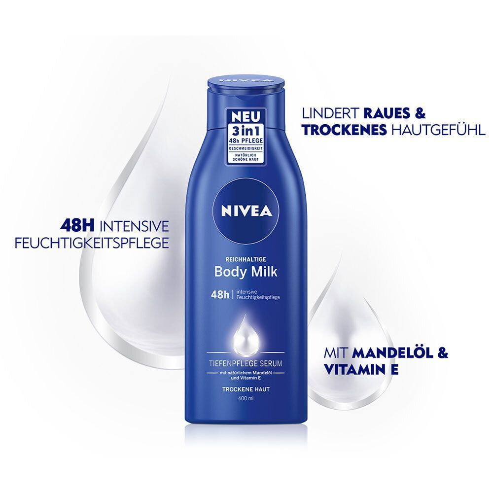 NIVEA Reichhaltige Body Milk Flasche mit Hinweisen zu 48h Feuchtigkeitspflege und Mandelöl & Vitamin E.
