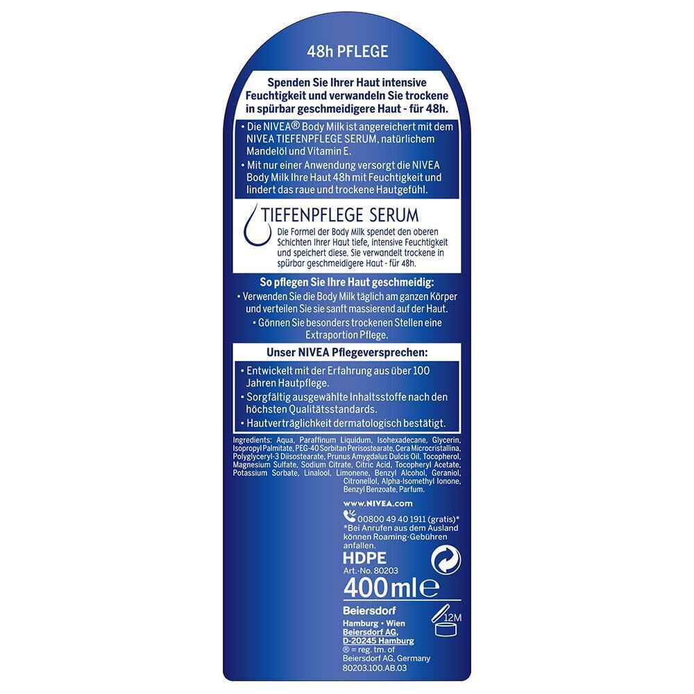 Rückseite einer NIVEA Reichhaltige Body Milk Flasche mit Inhaltsstoffen und Anwendungshinweisen.