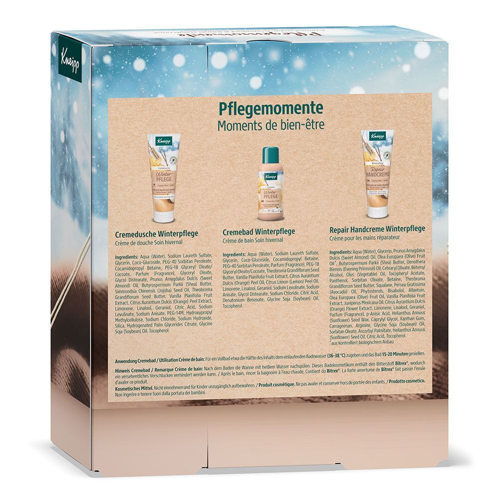 Rückseite einer Kneipp Geschenkpackung 'Pflegemomente' mit Produktinformationen und Abbildungen.