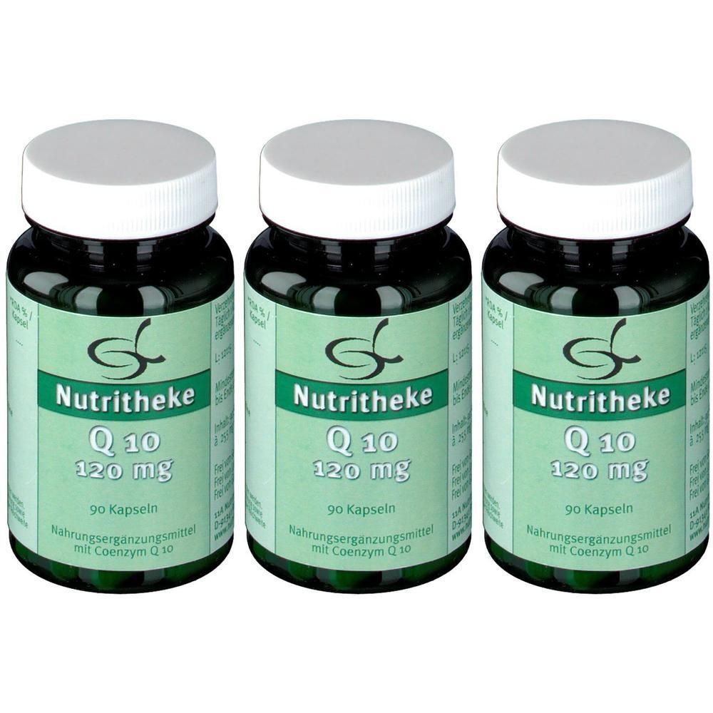 Drei Flaschen Nutritheke Q10 120 mg Kapseln, 90 Kapseln pro Flasche.