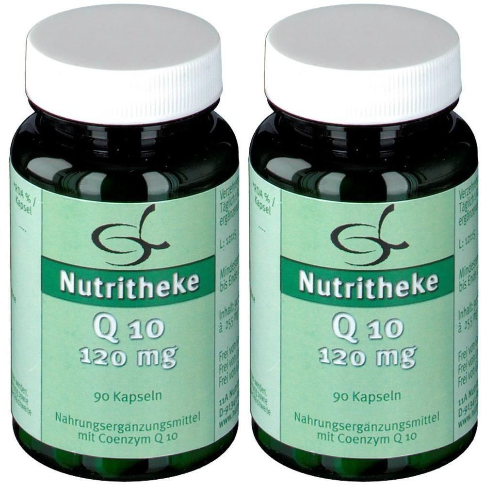 Zwei grüne Flaschen Nutritheke Q10 120 mg Kapseln, jeweils 90 Stück.