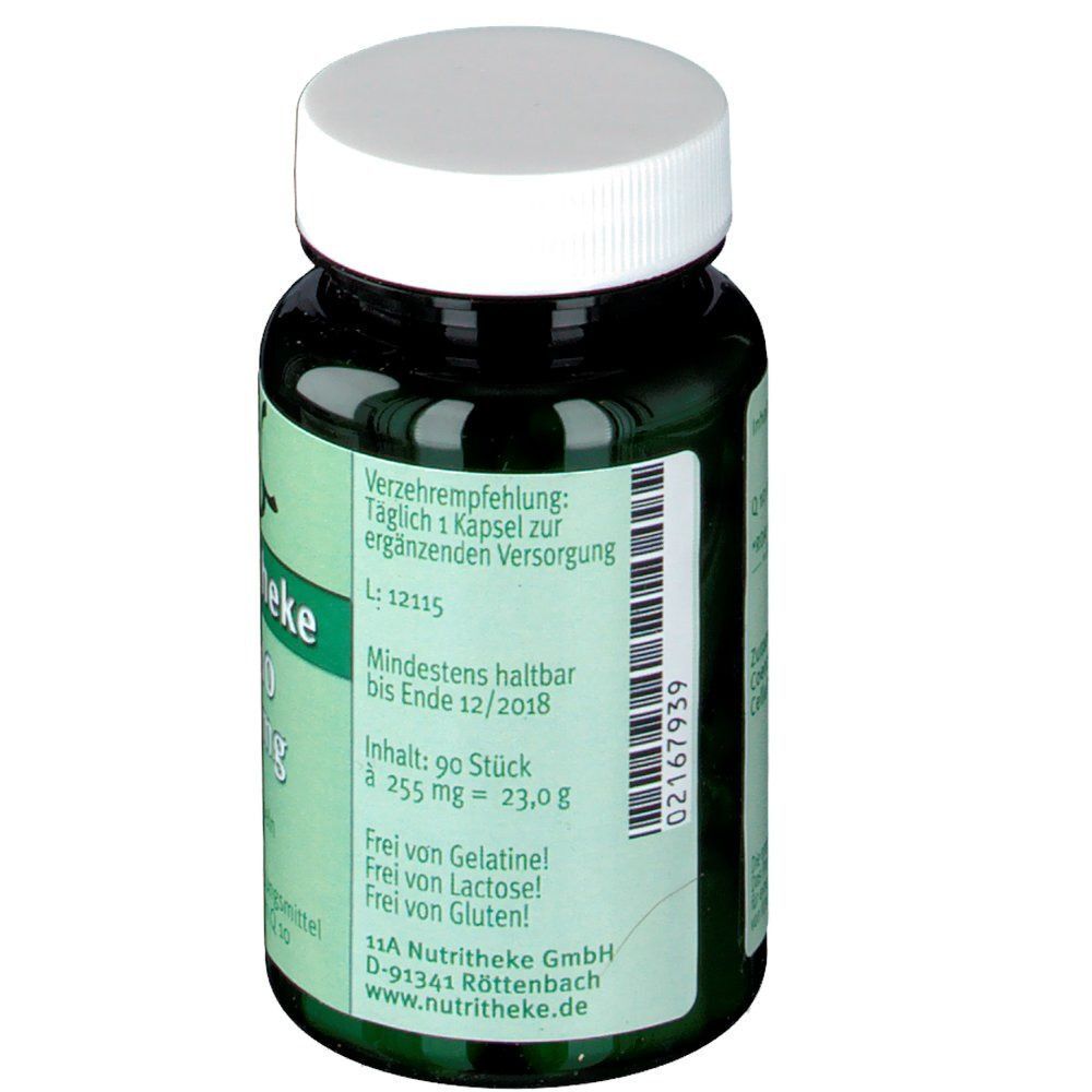 Rückseite einer grünen Flasche Nutritheke Q10 120 mg Kapseln, 90 Stück.