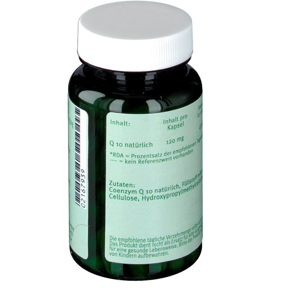 Seitenansicht einer grünen Flasche Nutritheke Q10 120 mg Kapseln, 90 Stück.