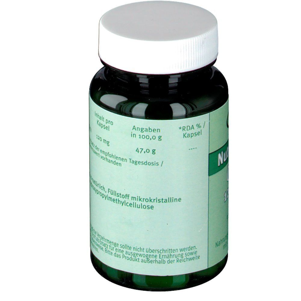 Seitenansicht einer grünen Flasche Nutritheke Q10 120 mg Kapseln, 90 Stück.