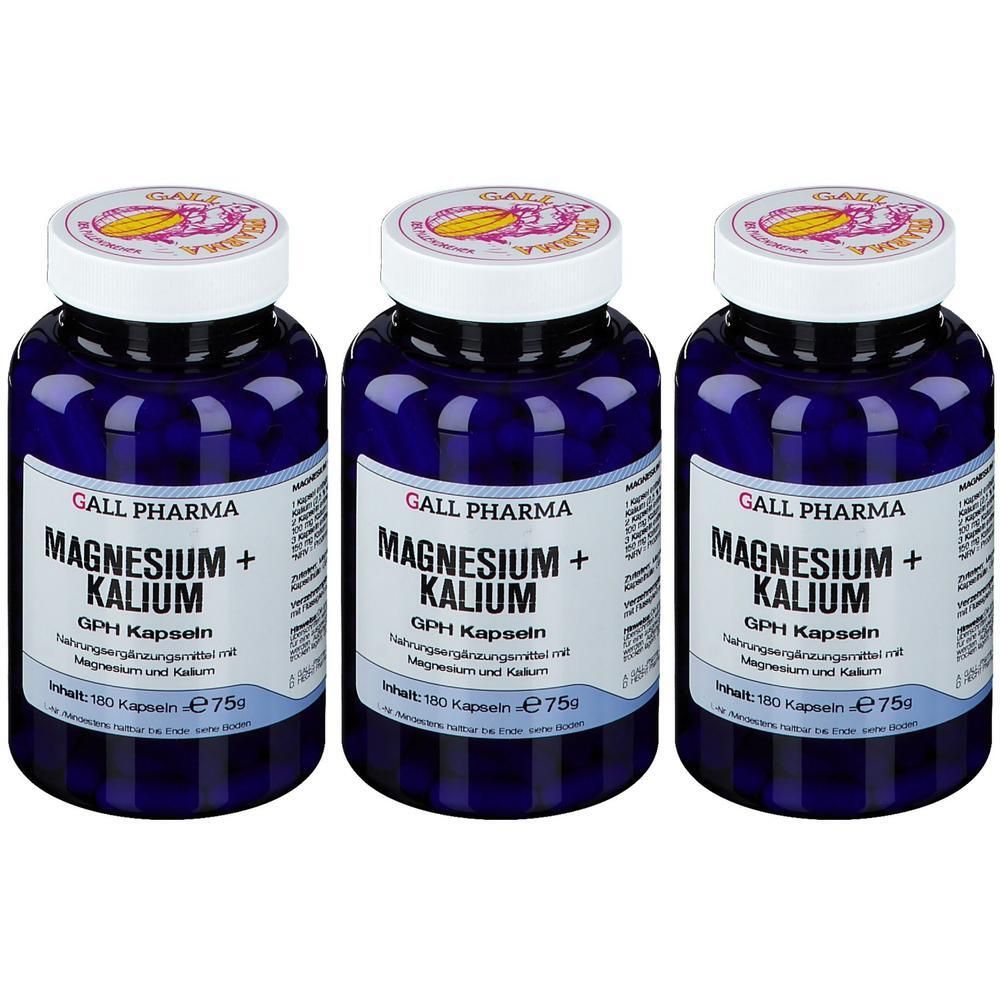 Drei Flaschen Gall Pharma Magnesium + Kalium Kapseln, 100 Kapseln pro Flasche.