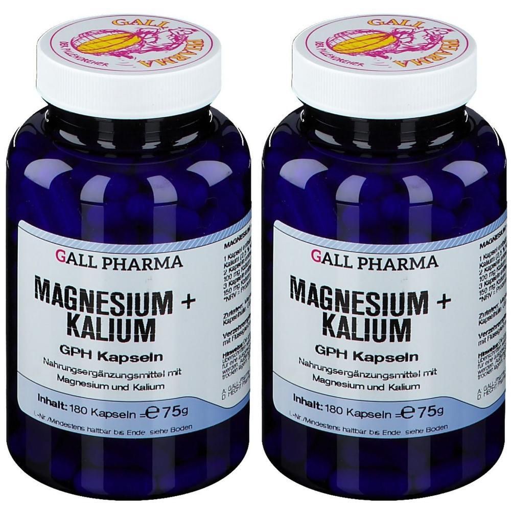 Zwei Flaschen Gall Pharma Magnesium + Kalium GPH Kapseln, 180 Kapseln pro Flasche.