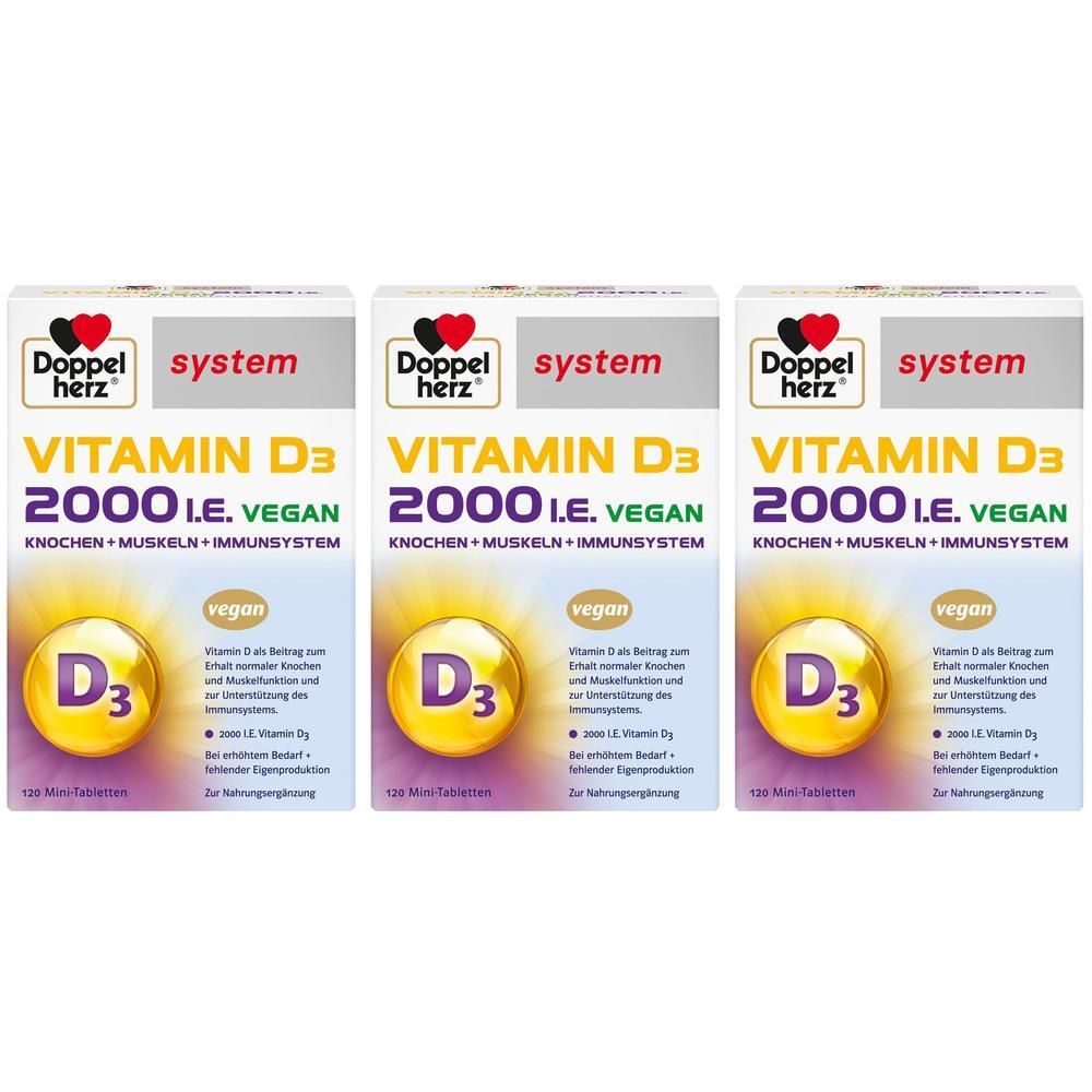 Drei Packungen Doppelherz system VITAMIN D3 2000 I.E. VEGAN Tabletten.