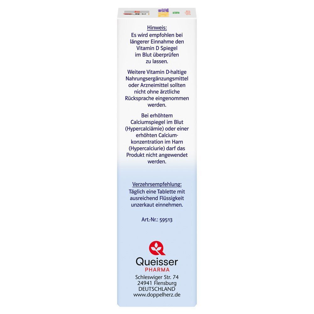 Seitenansicht einer Packung Doppelherz system VITAMIN D3 2000 I.E. VEGAN mit Anwendungshinweisen.
