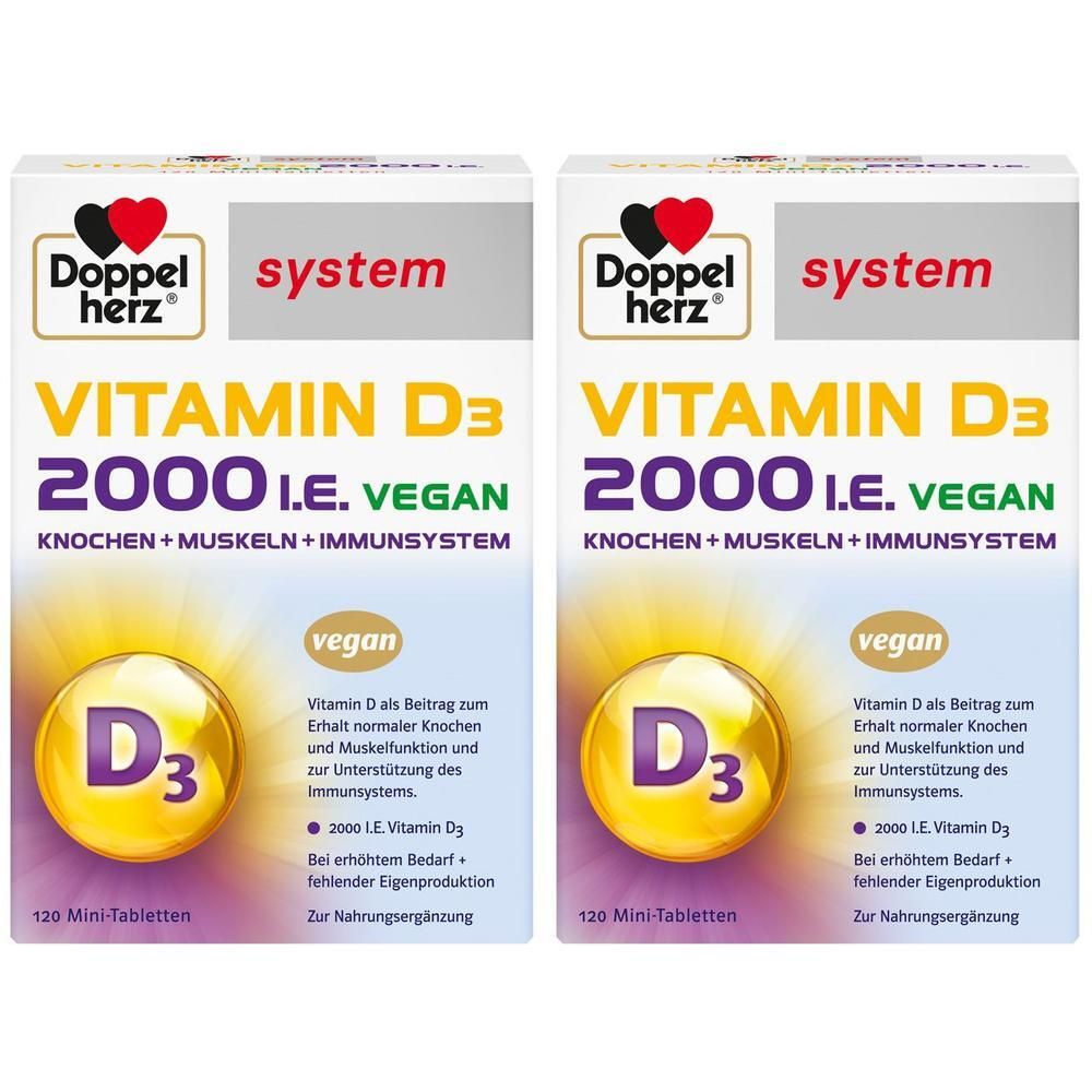 Zwei Packungen Doppelherz system Vitamin D3 2000 I.E. Vegan, Mini-Tabletten.