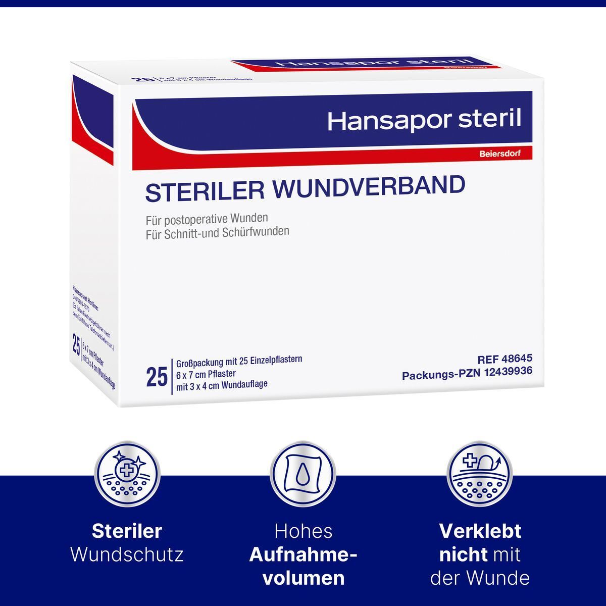 Packung Hansapor steril Wundverband, 6 x 7 cm, Großpackung mit 25 Einzelpflastern.