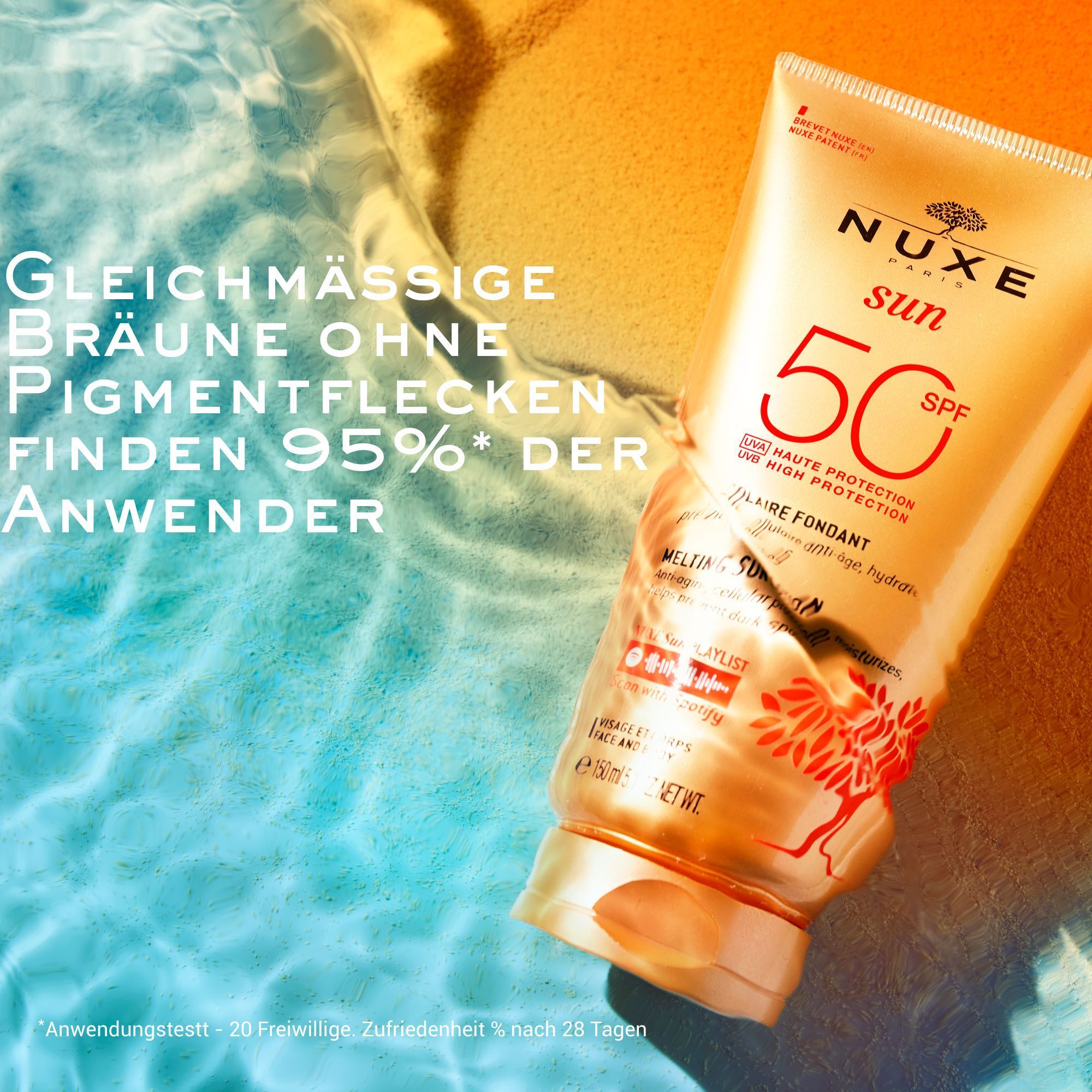 Nuxe Sonnenmilch Flasche mit LSF 50 im Wasser. Text: Gleichmäßige Bräune ohne Pigmentflecken.